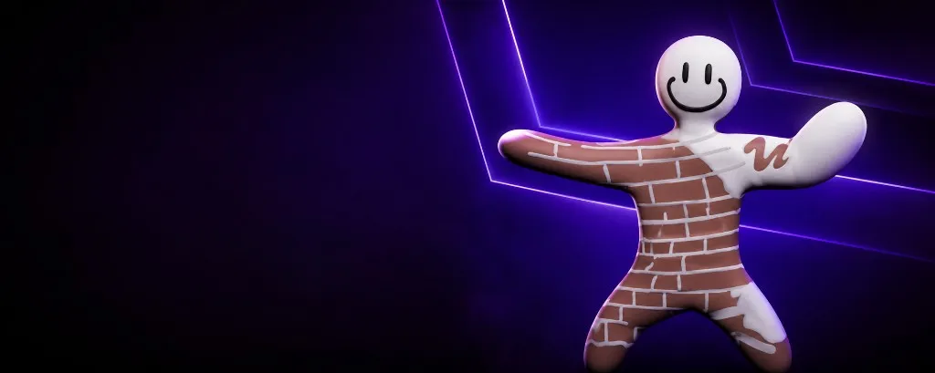 Meccha Chameleon Hacks mascot with a chameleon brick skin on a dark purple banner